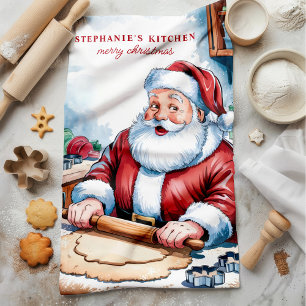Persönliches Weihnachten Santa rollt Teig Geschirrtuch