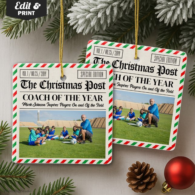Persönliches Weihnachts-Trainer-Geschenk für Sport Keramikornament (Custom Christmas Coach Gift Sports Newspaper Coach Ceramic Ornament)
