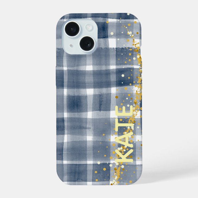 PERSONLIZED Blue Plaid Gold Aesthetic iPhone Case 15 Hülle (Rückseite)
