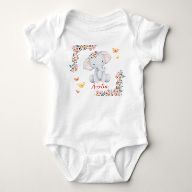 Personlized Name Baby Bodysuit Floral Elephant Strampler (Vorderseite)