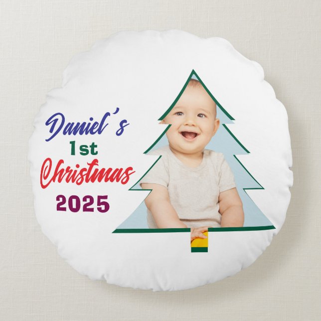Personlized Photo Daniel's 1st Christmas Tree  Rundes Kissen (Vorderseite)