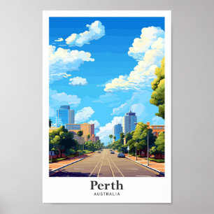 Perth Australia Art Vintage Travel Illustration Poster