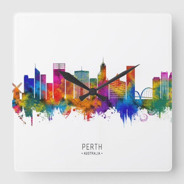 Perth Australia Skyline Quadratische Wanduhr (Vorderseite)
