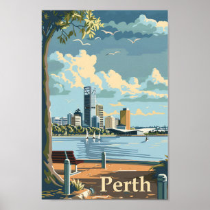 Perth Australia Vintag Retro Travel Illustration Poster