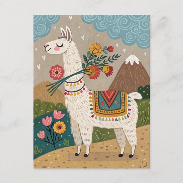 Peru Alpaca mit Blume Volkskunst Postkarte (Vorderseite)