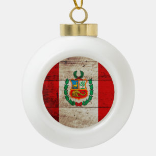 Peru-Flagge auf alter Holzmaserung Keramik Kugel-Ornament