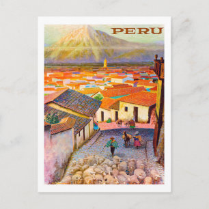 Peru, Stadtdächer unter dem Berg, Vintag Postkarte