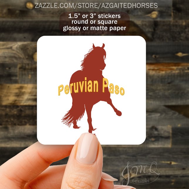 Peruvian Paso Pferde Silhouette Fettschrift Quadratischer Aufkleber (Sticker with chestnut silhouette of a Peruvian Paso horse and bold yellow text “Peruvian Paso.”)