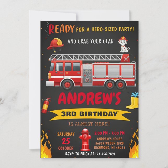 Pesonal Modern Fire truck Birthday Party Einladung (Vorderseite)