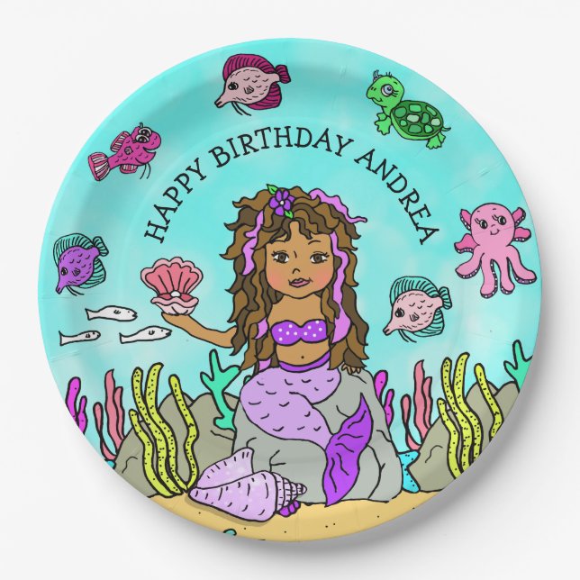 Pesonalized Ethnic Hand Darwn Mermaid Geburtstag Pappteller (Vorderseite)