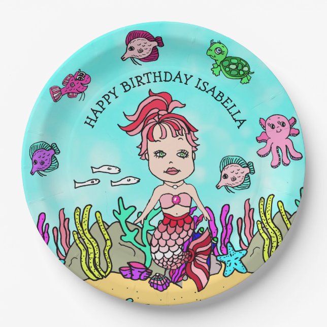Pesonalized Hand Darwn Mermaid Geburtstag Pappteller (Vorderseite)