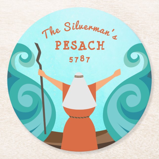 Pessach Blue Aquamarin Brown Custom Familienname Y Runder Pappuntersetzer (Vorderseite)