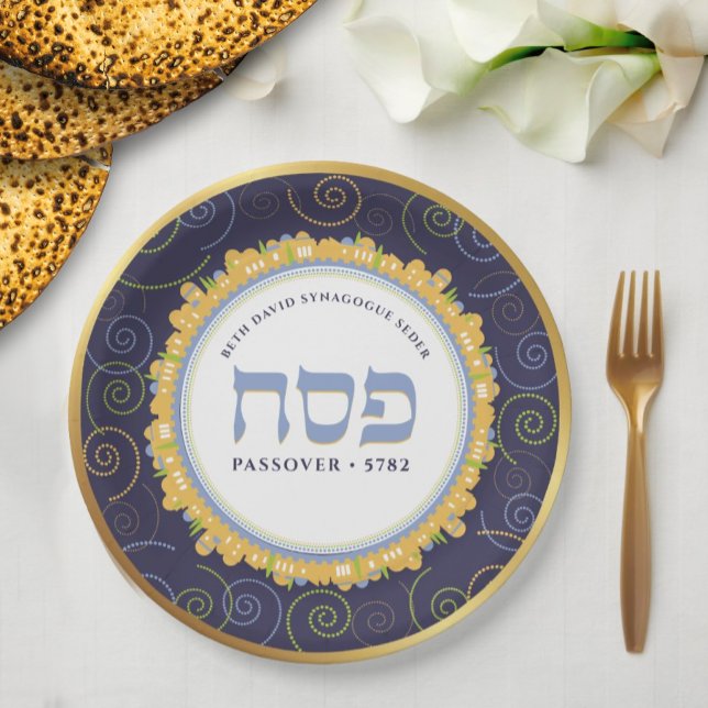 Pessach Personalisiert Seder Jerusalem-Marine/Gold Pappteller (Von Creator hochgeladen)