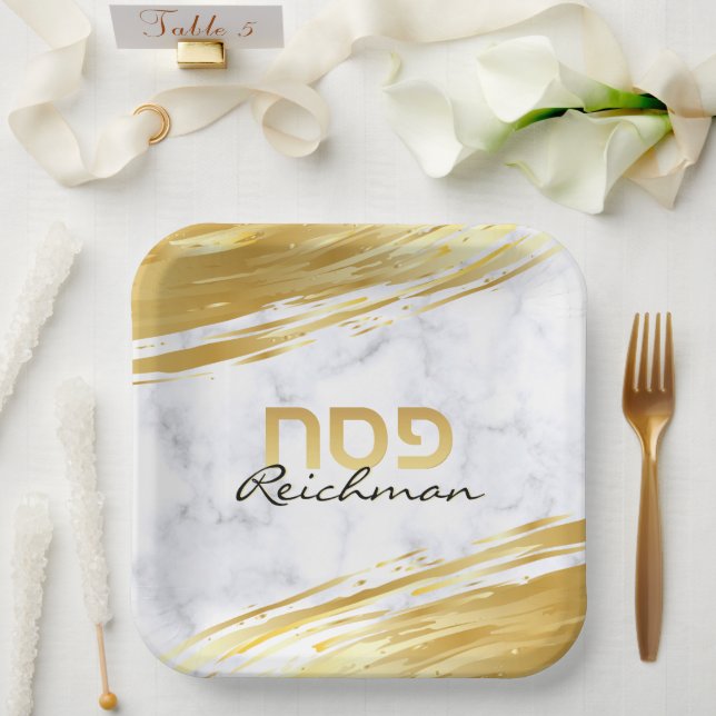 Pessach Pesach Hebrew Gold Swash & Marble Pappteller (Hochzeit)