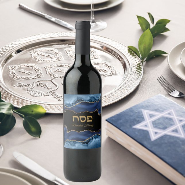Pessach Seder Agate Blue Gold Hebrew Weinetikett (Von Creator hochgeladen)