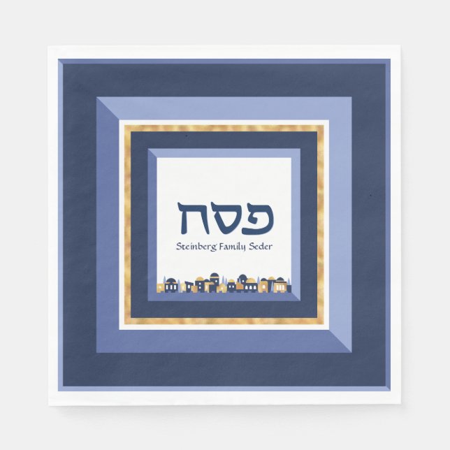 Pessach Seder Jerusalem Blue Gold Hebräisch Serviette (Vorderseite)