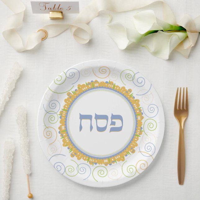 Pessach Seder Jerusalem Weißer Swirl Hebräische Pl Pappteller (Hochzeit)