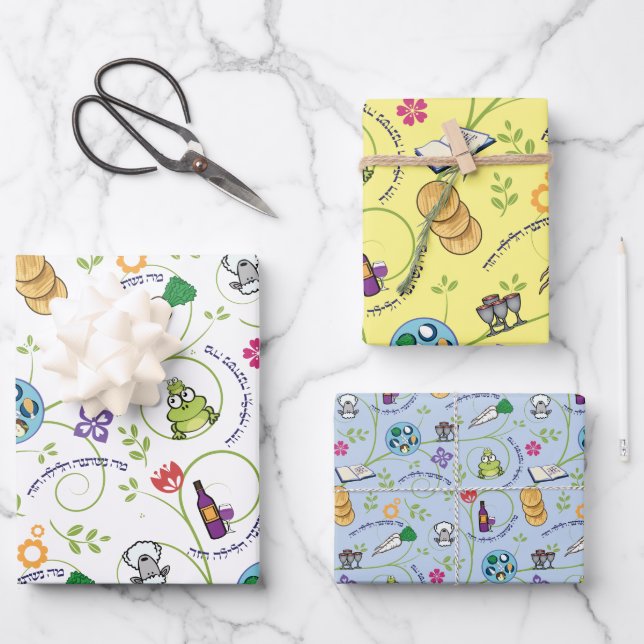 Pessach Seder Matzah, Weinfrösche Farbe & Spaß Geschenkpapier Set (Vorderseite)