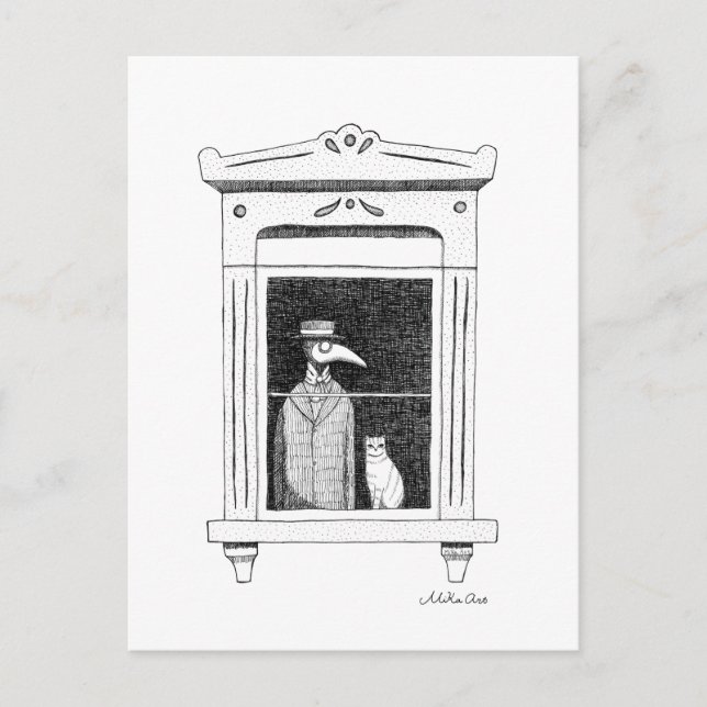 Pestarzt mit Katze an einem Fenster Steampunk Art Postkarte (Vorderseite)