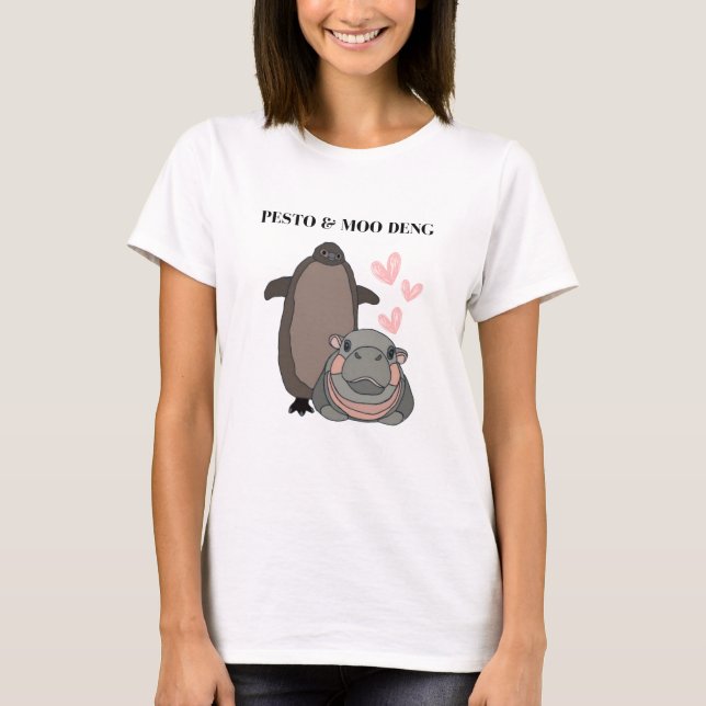 Pesto und Moo Deng Hippo und Pinguin Meme T-Shirt (Vorderseite)