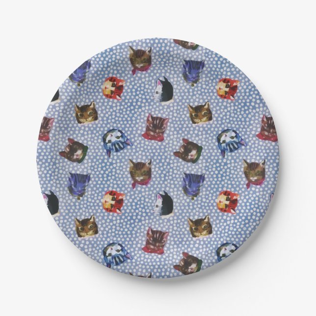 Pet Cat Blue Polka Dots Kitten Wasserfarbe Pappteller (Vorderseite)