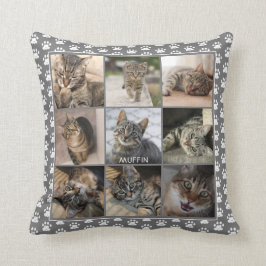 Pet Cat Foto Collage Paw Print Muster Grauer Name Kissen