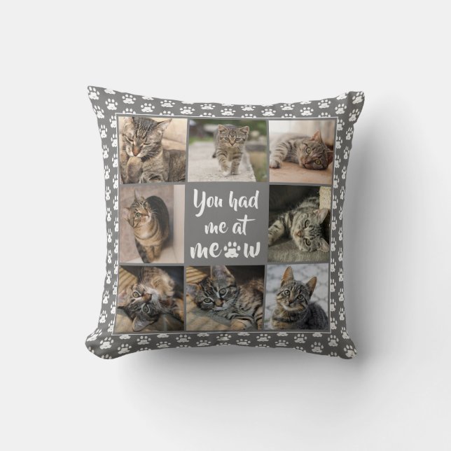 Pet Cat Foto Collage Paw Print Pattern Grau Kissen (Vorderseite)