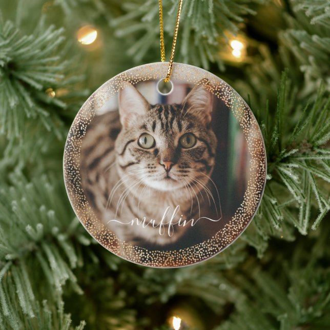 Pet Cat Foto Gold Glitzer Weihnachten Keramik Ornament (Baum)