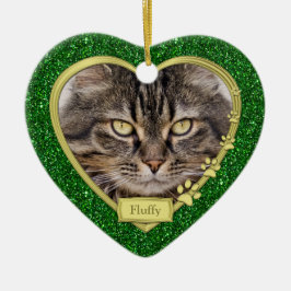 Pet Cat Memorial Green Gold Herzstück Foto Weihnac Keramikornament