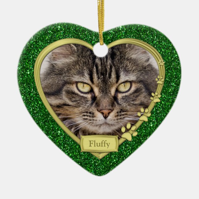 Pet Cat Memorial Green Gold Herzstück Foto Weihnac Keramikornament (Vorne)