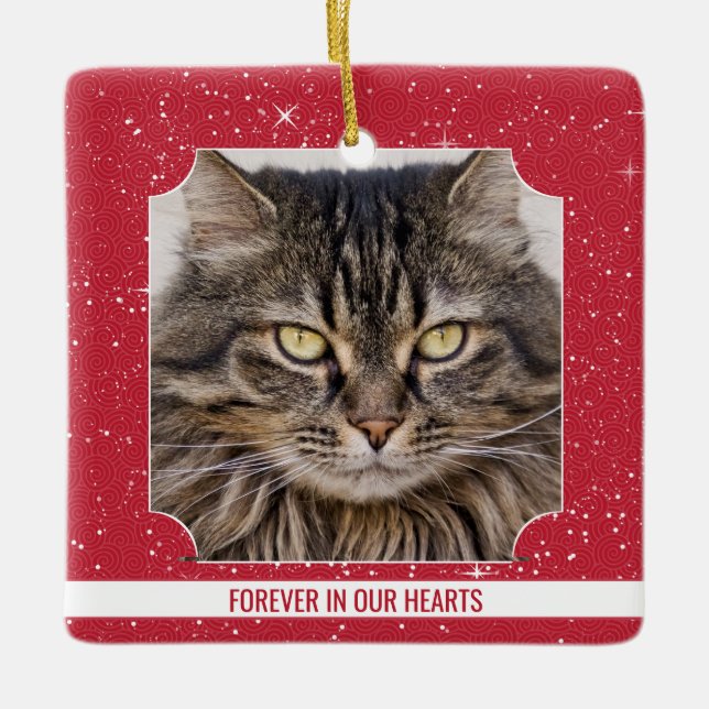 Pet Cat Memorial Red Snow Foto Weihnachten Keramikornament (Vorderseite)