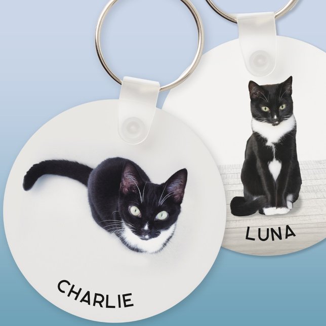 Pet Cat Two Photo Personalized Schlüsselanhänger (Personalized custom name pet cat double sided two photo keychain for animal lovers)