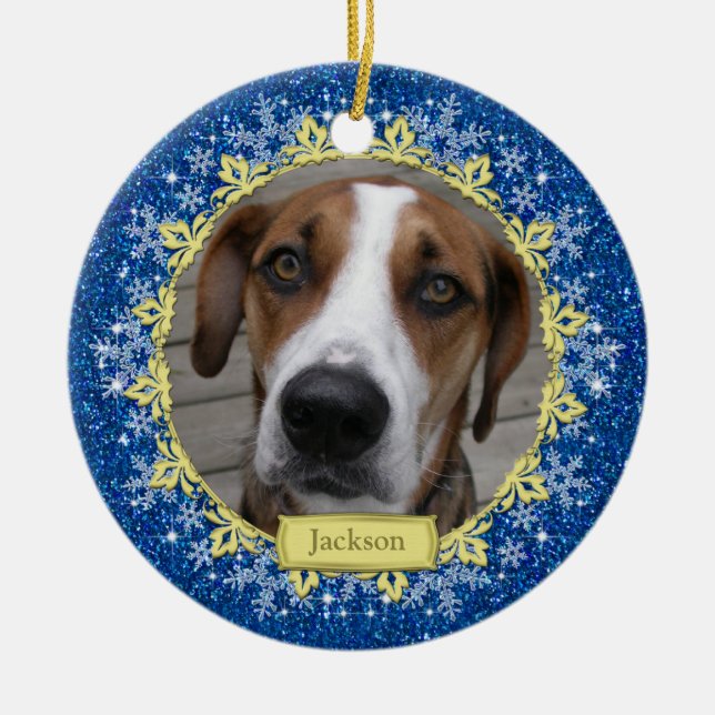 Pet Dog Memorial Blue Snowflake Foto Weihnachten Keramikornament (Vorne)
