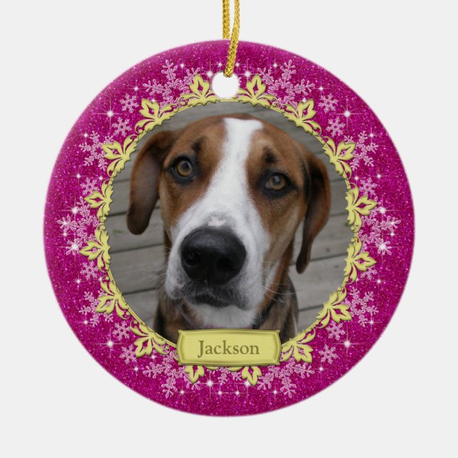 Pet Dog Memorial Pink Snowflake Foto Weihnachten Keramik Ornament (Vorne)