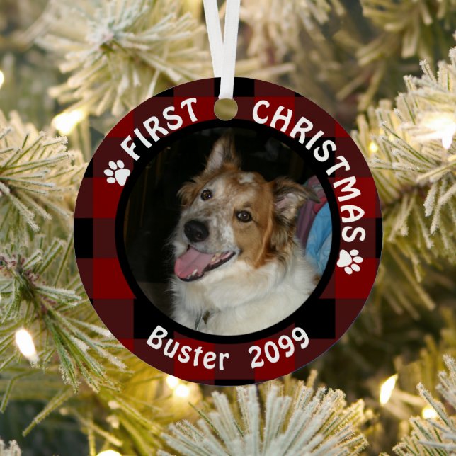 Pet FIRST CHRISTMAS 2-seitig 2-Foto Buffalo Karo Ornament Aus Metall (InSitu)