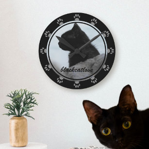 Pet Foto Black Cat Name Paw Print Wall Clock Runde Wanduhr