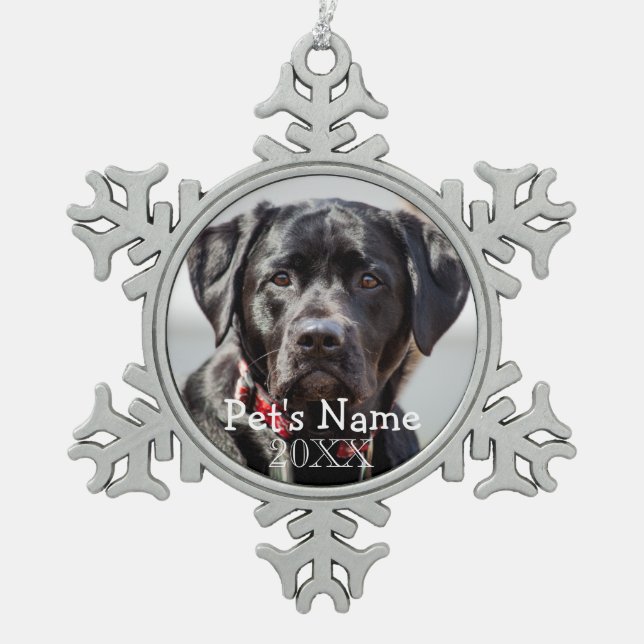 Pet Foto Custom Christmas Keepake Schneeflocken Zinn-Ornament (Vorderseite)