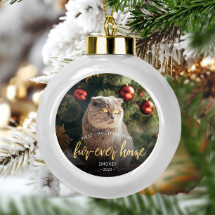 Pet Foto First Christmas Forever Zuhause Gold Scri Keramik Kugel-Ornament