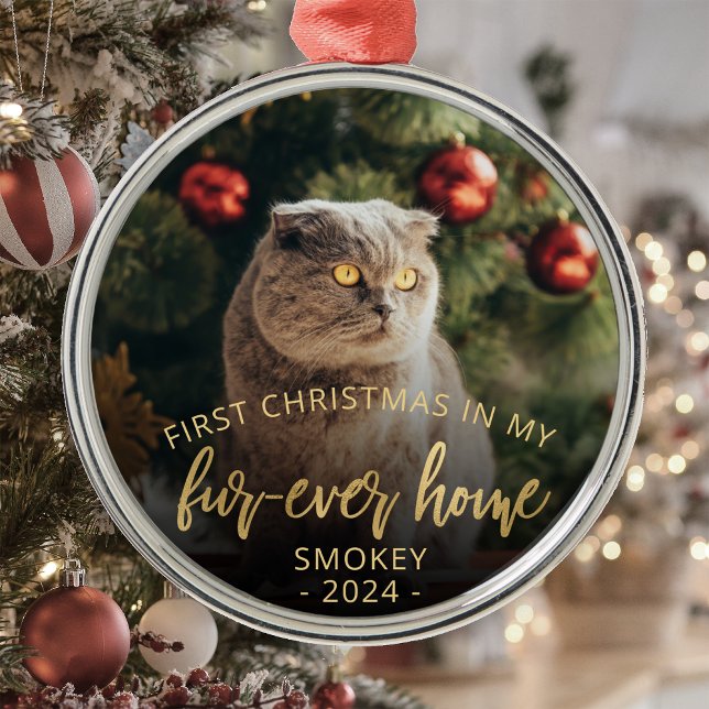 Pet Foto First Christmas Forever Zuhause Gold Scri Ornament Aus Metall (Von Creator hochgeladen)