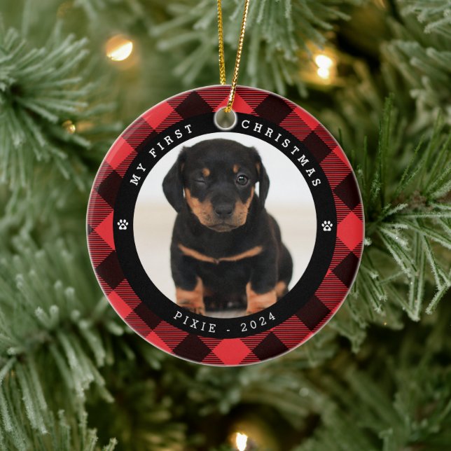 Pet Foto "Mein erstes Weihnachten" Karierte Weihna Keramik Ornament (Baum)