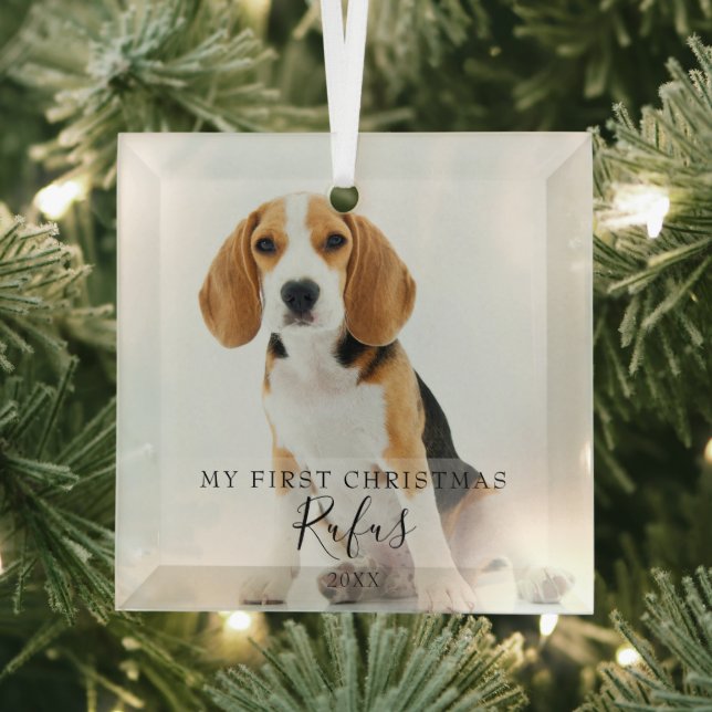 Pet Foto Modernes Drehbuch Mein erstes Weihnachtsf Ornament Aus Glas (Insitu)