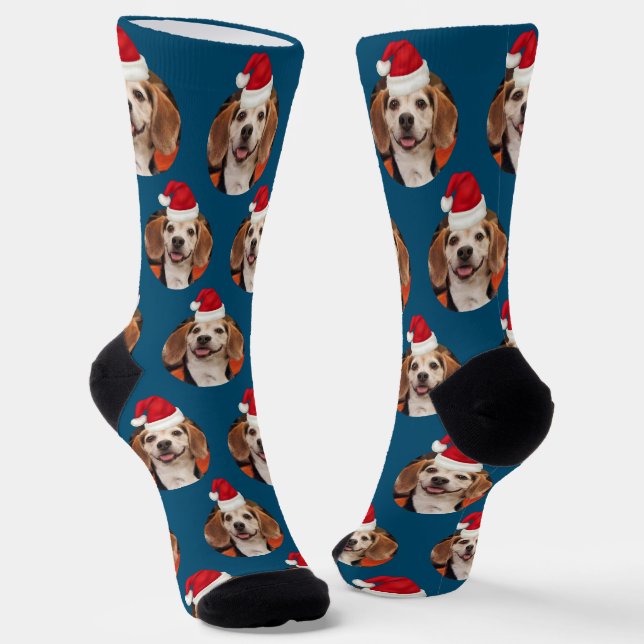 Pet Foto Muster Blau Rote Weihnachtsmannmützen Wei Socken (Gewinkelt)