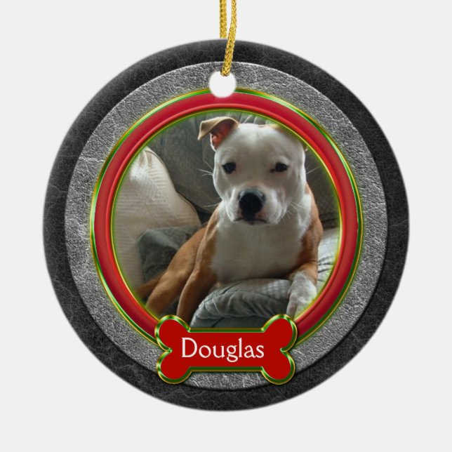 Pet Foto Red Green Grey Leather Weihnachten Keramikornament (Vorne)