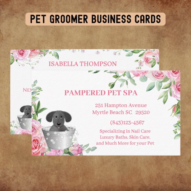 Pet Groomer Pink Blumenkarte Business Card Visitenkarte (Von Creator hochgeladen)