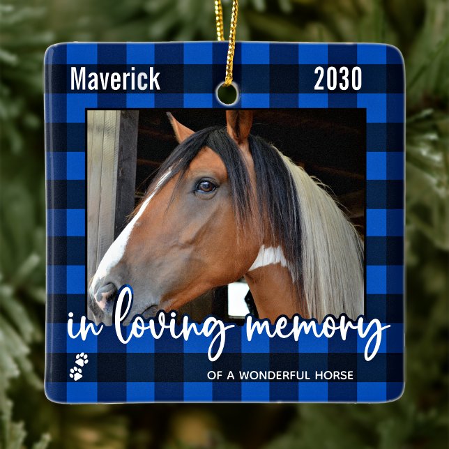 Pet Horse Memorial Blue Kariert Love Memory Foto Keramikornament (Von Creator hochgeladen)