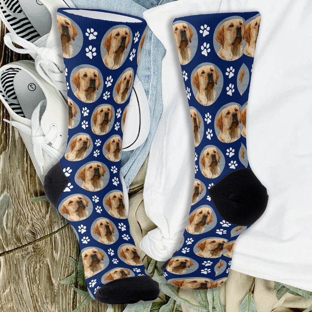 Pet Hund Foto Paw Prints Custom Pattern Navy Blau Socken (Von Creator hochgeladen)