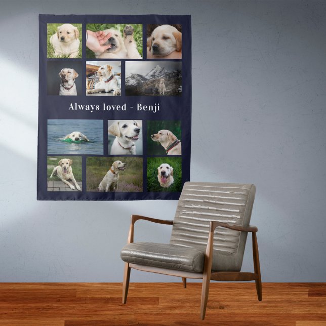 Pet Lover Keepake Wandteppich (Pet photo collage tapestry wall hanging with dark blue background.)