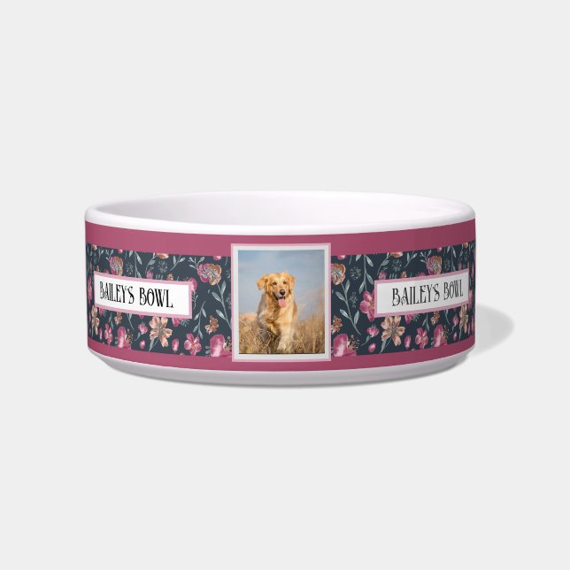 Pet Lovers Floral Pattern Foto Name Napf (Vorderseite)