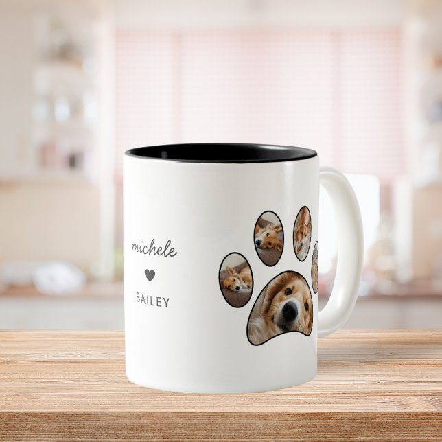 Pet Lovers Paw Print Individuelle Name FotoCollage Zweifarbige Tasse (Pet Lovers Paw Print Custom Name Photo Collage Two-Tone Coffee Mug)