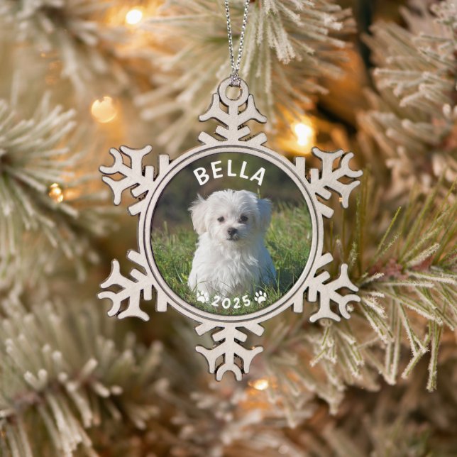 Pet Lovers Paw Prints Custom Christmas Foto Schneeflocken Zinn-Ornament (Baum)